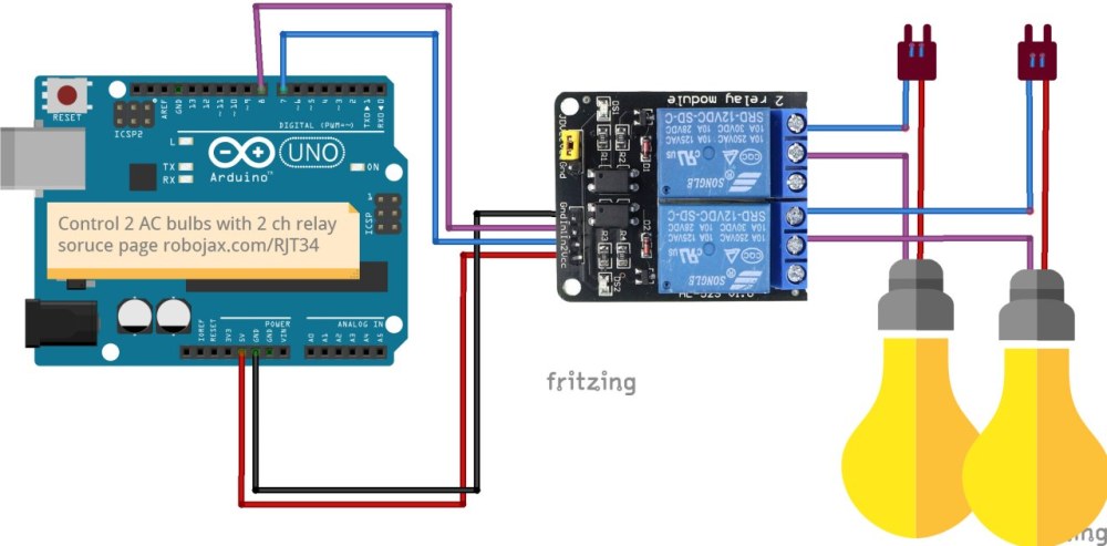 Arduino wiring for 2 channel relay module AC load Arduino wiring for 2 channel relay module AC load