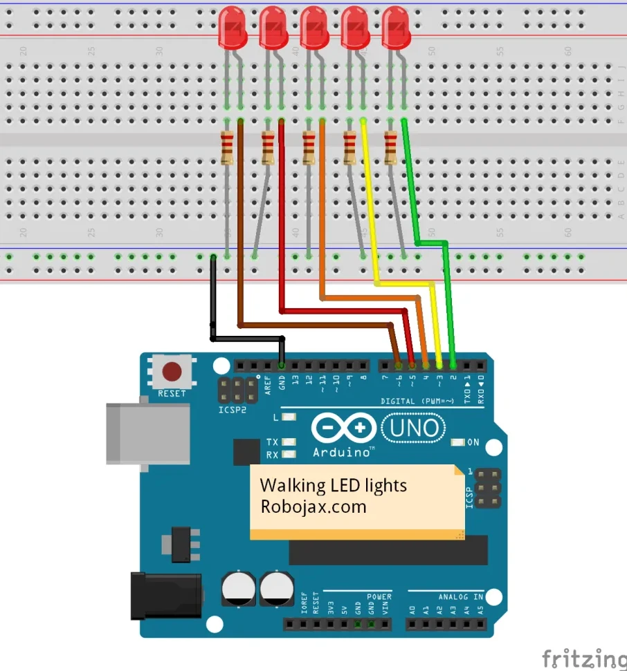 wiring of 5 LED on Arduino