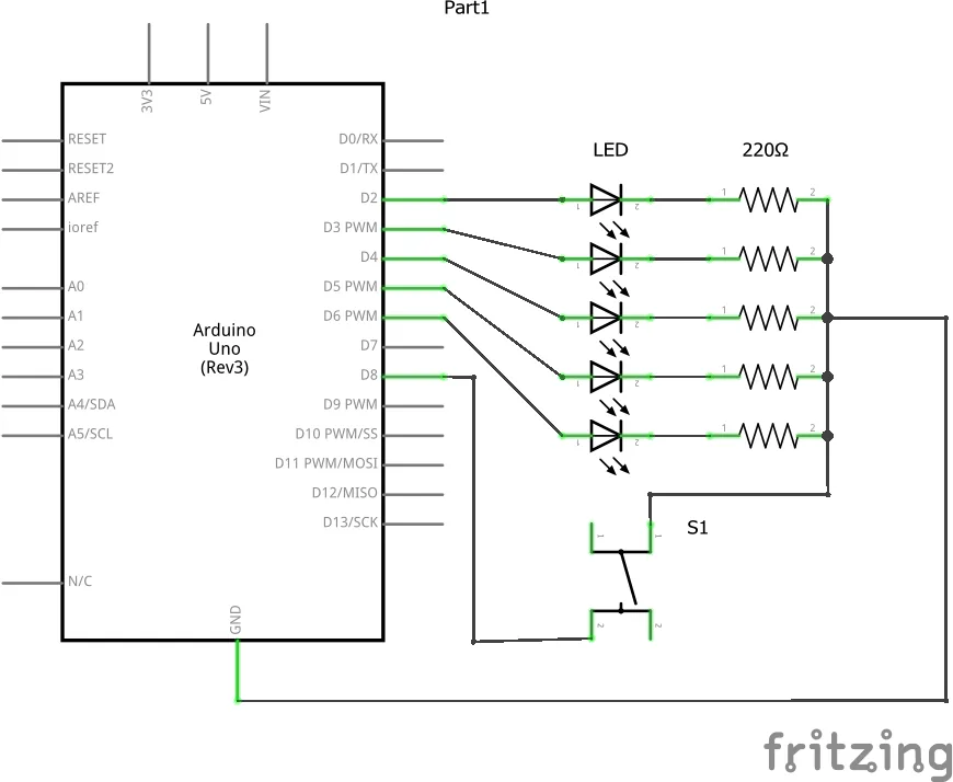 Schematic for Arduino walking light LEDs with push button