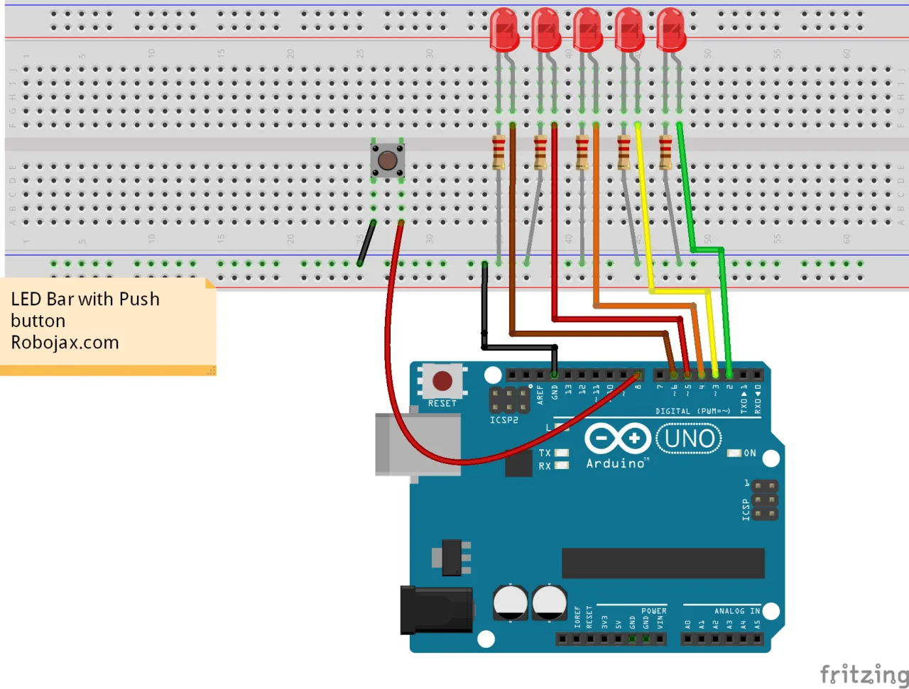 wiring for Arduino walking light LEDs with push button