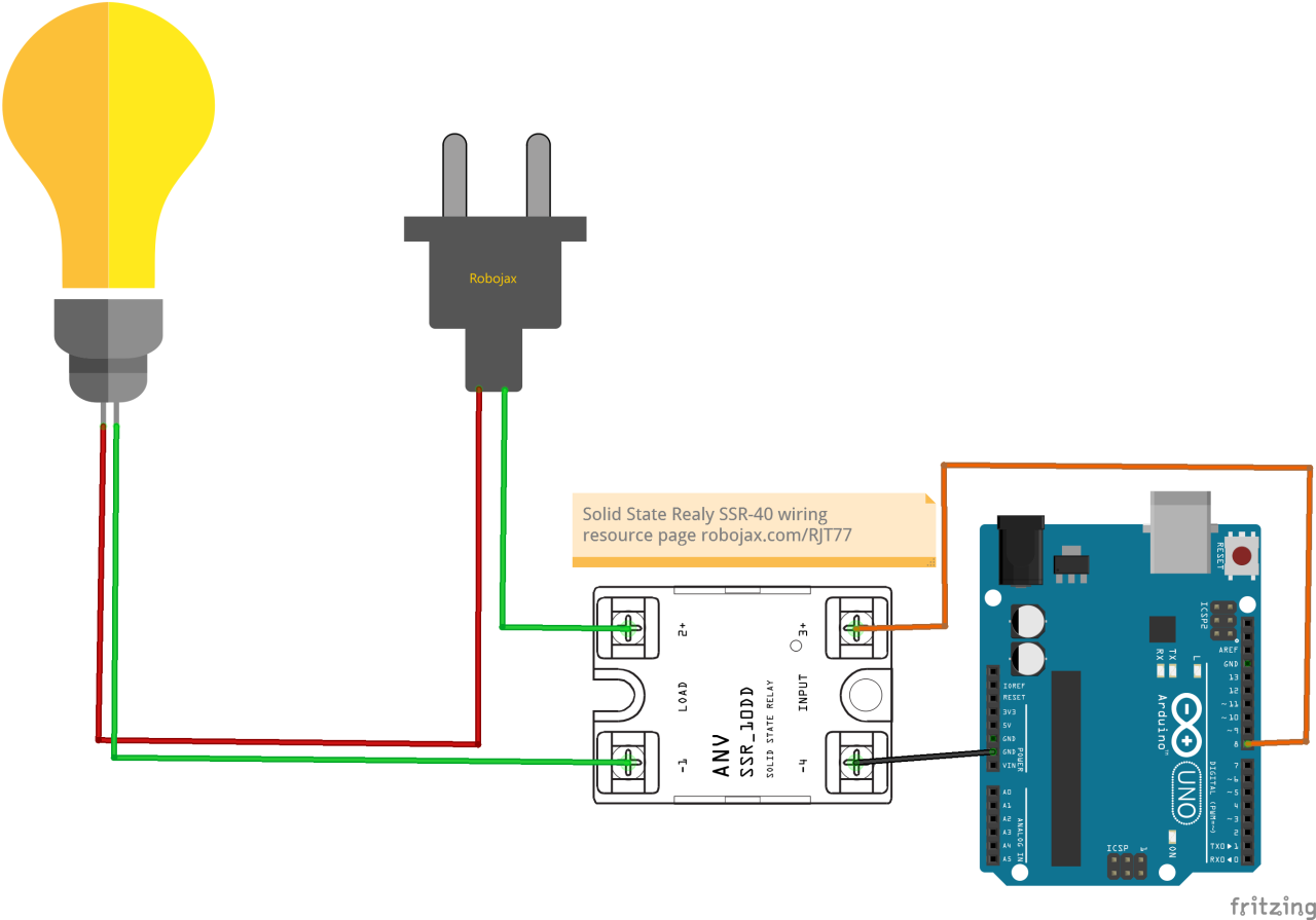 Arduino wiring for SSR-40 Solid State Relay with AC bulb