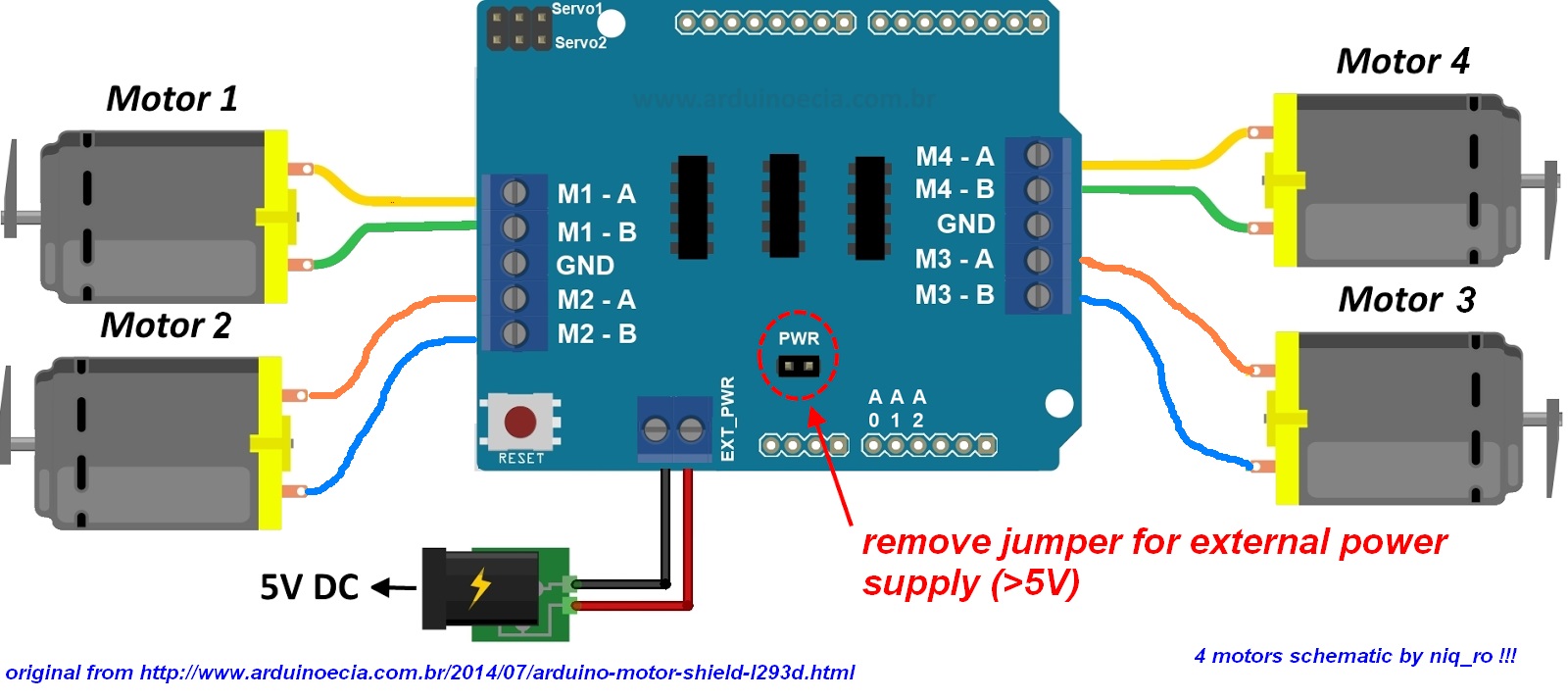 L293D Motor Shield Wiring for 4 motors