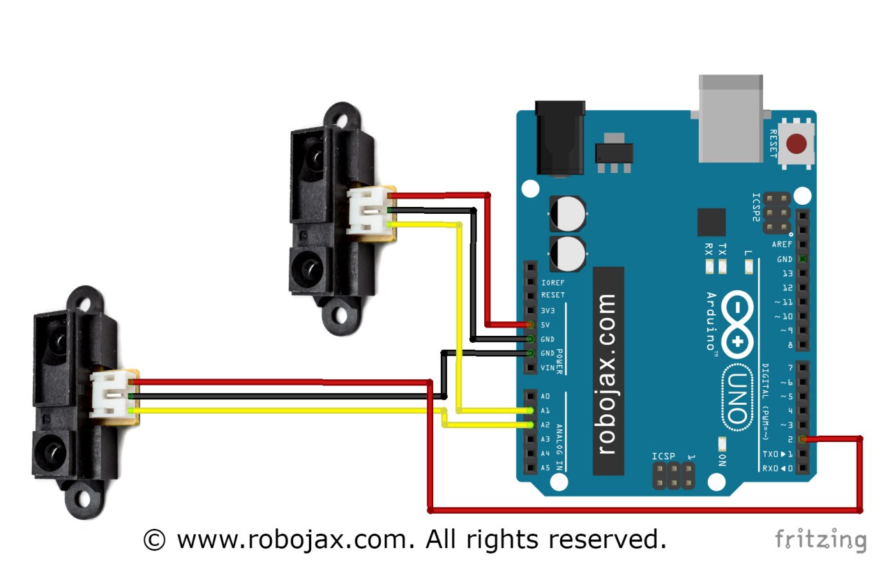 Arduino wiring for multiple Sharp IR distance sensors Arduino wiring for multiple Sharp IR distance sensors