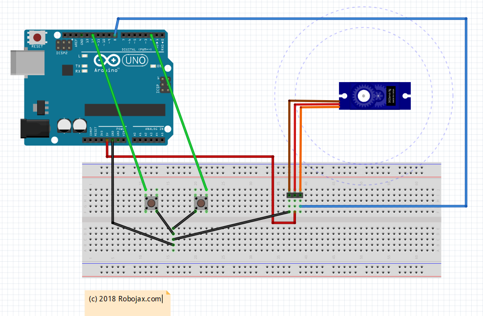 Servo control with push button Arduino sketch