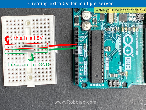 Multiple Servo one pot.: Creating extra 5V from Arduino on breadboard