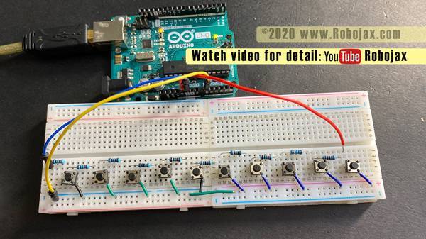 Multiple push button to on pin: Arduino UNO with 10 push buttons and 1% tolerant resisstor 