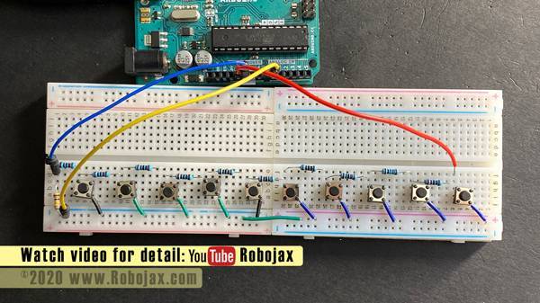 Multiple push button to on pin:Arduino UNO with 10 push buttons and 1% tolerant resisstor 2