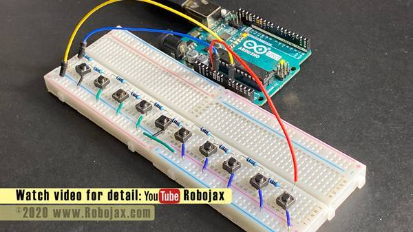 Multiple push button to on pin: Arduino UNO with 10 push buttons and 1% tolerant resisstor 3
