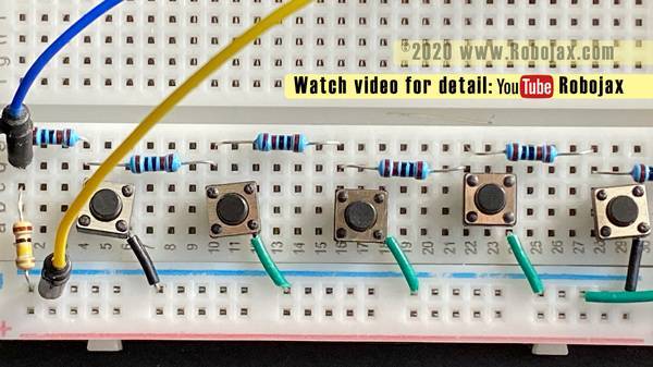 Multiple push button to on pin: Breadboard closeup view with 1% rolerant resistors - Left side 