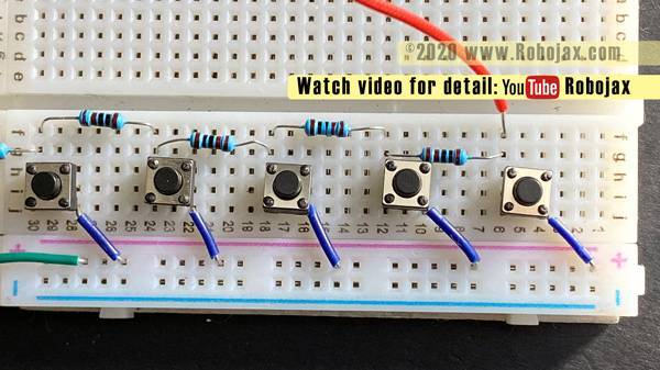 Multiple push button to on pin : Breadboard closeup view with 1% rolerant resistors - Right side