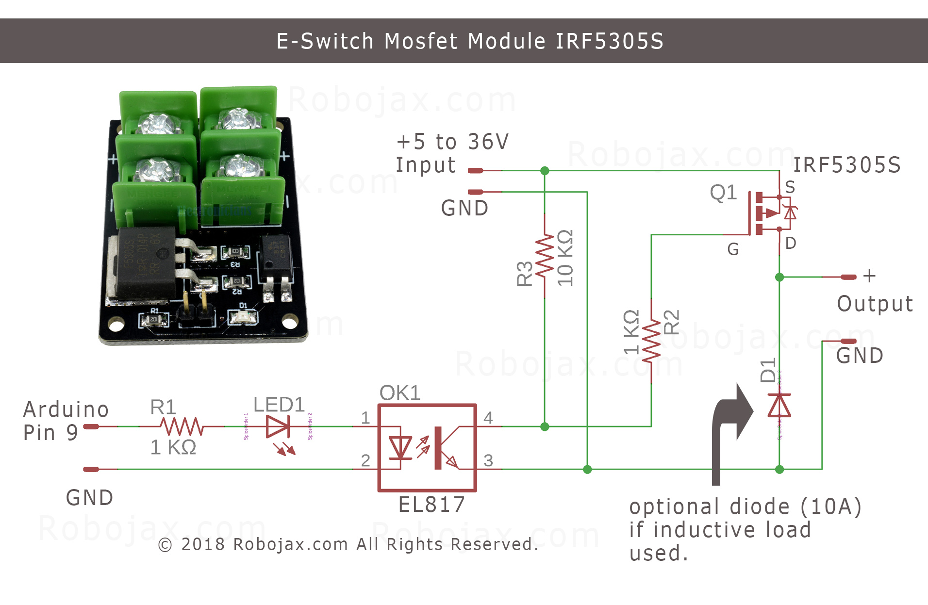 Schematic diagram of E-Switch based on IRF5305 Mosfet